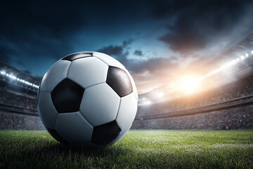 A classic black and white soccer ball rests on green grass inside a brightly lit stadium under a dramatic cloudy sky at sunset or dusk