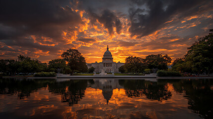 Fototapeta premium Dramatic sunset sky over the United States Capitol, reflected perfectly in the calm water of the reflecting pool, surrounded by trees and lush greenery