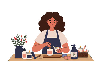 Woman creates botanicalthemed candles with herbal decorations and soap dispensers. Perfect for home decor, handmade product, relaxation, candlemaking, and spa themes.