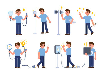 Man contemplates electricity with bundles of cords, light bulbs, and various appliances, perfect for concept or energyrelated designs.