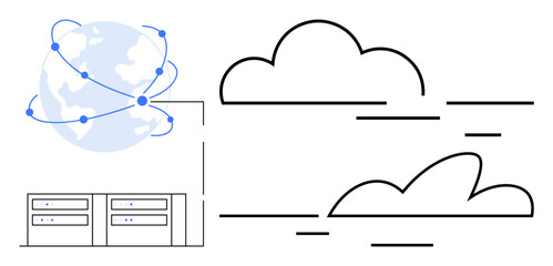 Cloud shapes with connected globe and server racks highlight global computing, network, and data storage. Ideal for technology, internet, cloud migration, hosting, innovation, connectivity simple