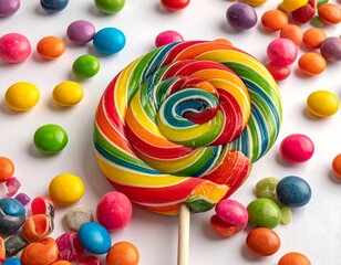 Colorful lollipop surrounded by candies