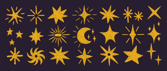Crayon Star and Chalk Icons Set. Vector Collection Hand Drawn Doodle Shapes of Stars, Moon, Sun, Rays in Yellow Color. Charcoal Sparkle Elements in Kids Style.