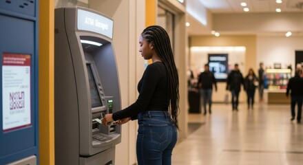 Using an atm for cash withdrawal shopping mall lifestyle indoor financial independence