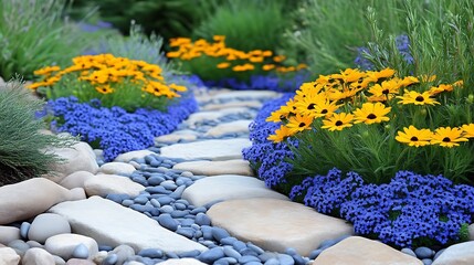 Meandering stone path through a colorful flower garden.