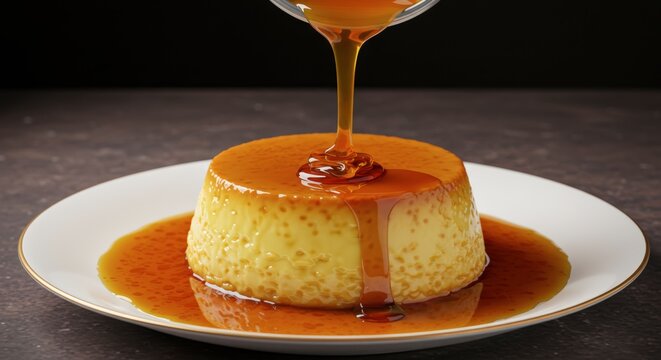 Caramel custard dessert pouring