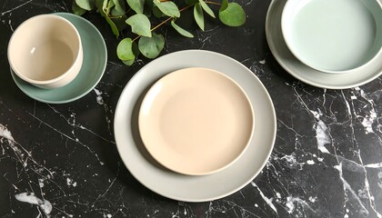 Set of colorful dishes on a marble surface