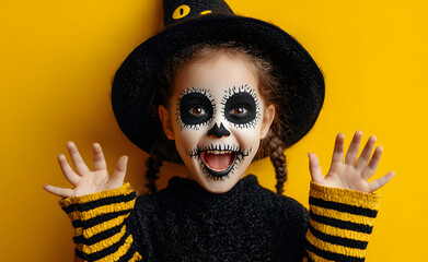 Portrait of funny child in Halloween disguise dancing isolated on yellow color background. Happy little girl in skeleton costume and witch hat, with skull makeup having fun at Halloween party