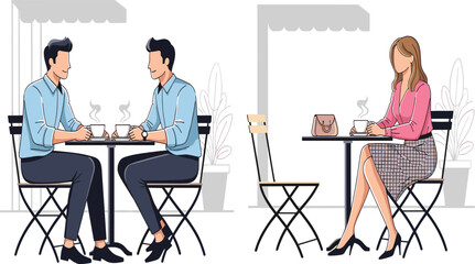People sitting at outdoor café table, two men having coffee conversation, woman alone with drink, social lifestyle, modern city illustration