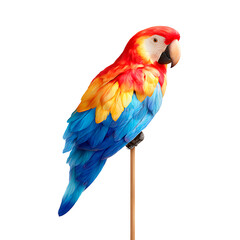Fototapeta premium Colorful parrot perched on a stick, showcasing vibrant plumage against a clean white background. Transparent background.