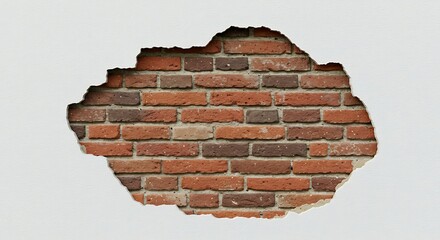 A large, irregular, rectangular hole in a white plaster wall, revealing a surface of weathered red bricks beneath