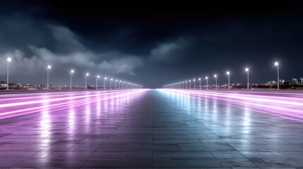 Abstract Neon Streaks on Wet Asphalt Road Under Dark Cloudy Sky with Streetlights and Distant Cityscape at Night