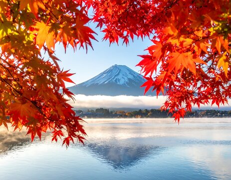 A serene autumn vista, featuring a snow-capped mountain partially veiled in mist, reflected in a calm lake framed by vibrant red maple leaves