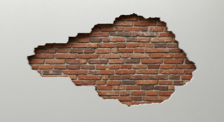 A large, irregular, rectangular hole in a white plaster wall, revealing a surface of weathered red bricks beneath