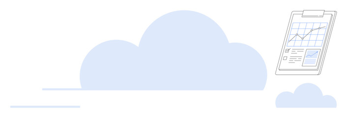 Blue cloud shapes surrounding a digital clipboard displaying a graph and data. Ideal for cloud storage, analytics, business strategy, finance, technology, data management, teamwork simple flat