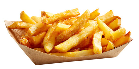Golden french fries in a paper boat