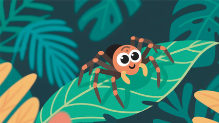 Illustration Of Jumping Spider Sitting On A Tropical Leaf Vector Design Template