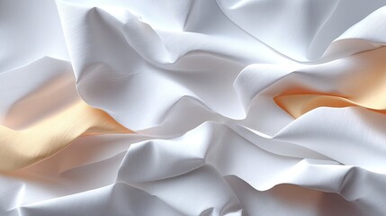Abstract Macro White Crumpled Paper Texture Realistic Folds with Subtle Orange Accents and Soft Shadows in High Resolution