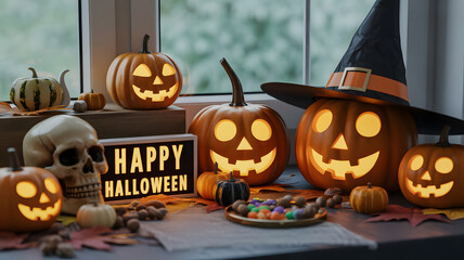 Cozy indoor Halloween display with jack-o’-lanterns and candy