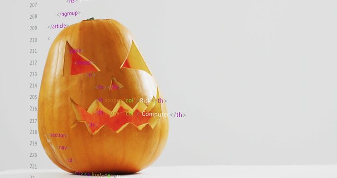 On markup appearing behind pumpkin code overlay scrolling revealing cybersecurity topic overview