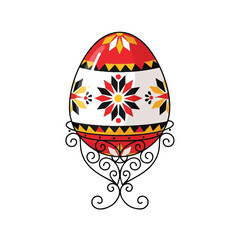 Illustration of a colorful, ornately decorated Easter egg on a decorative metal stand against a white background.