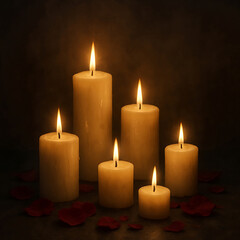 Warm glow of multiple lit beeswax candles illuminating a dark intimate setting with soft light