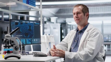 POV of scientist on video call in modern lab attends online conference, sharing insight on research study and experiment data results for biotechnology. Shaping medical discovery. Camera B.