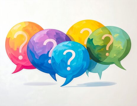 Colorful question marks in speech bubbles