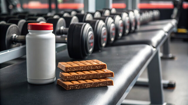 Dietary and supplement concept ,protein bar supplement bottle gym bench dumbbell workout snack protein snack nutrition jar