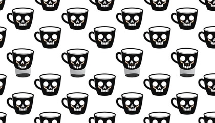 Repeating pattern of black mugs with skull designs on a white background