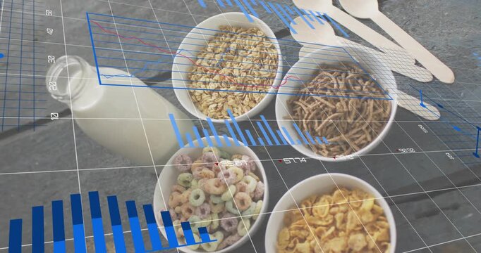 On load grid fading in over cereal bowls, milk bottle, spoons, charts rising, dissolving back