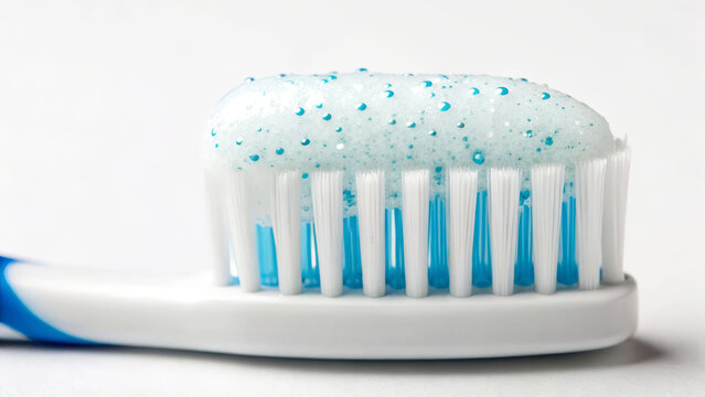 Microplastic and Contamination concept ,toothpaste foam with blue microbead toothbrush bristle dental care oral hygiene foam