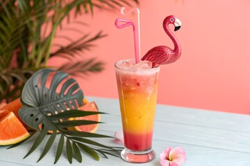Tropical summer cocktail with flamingo straw and tropical leaves against a pink background