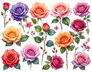 Colorful rose collection.  Detailed botanical illustration