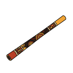 A colorful, hand-drawn illustration of a didgeridoo with vibrant orange, yellow, and red patterns on a white background.
