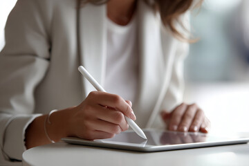 Businesswoman using digital tablet with stylus pen