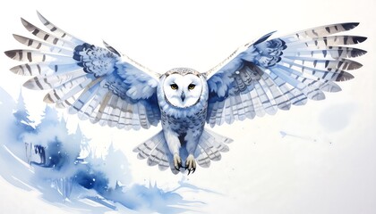 White owl with open wings flying low over blue tinted winter forest scene