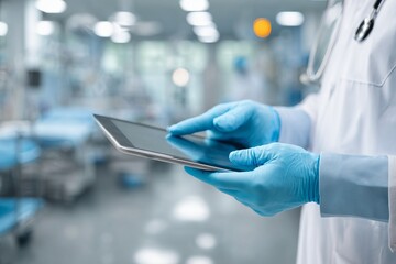 Doctor using digital tablet with gloves in modern hospital
