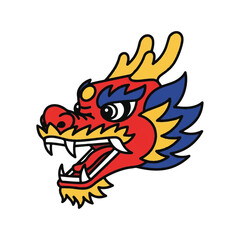 Vibrant cartoon dragon head with red, blue, and yellow colors on a white background.
