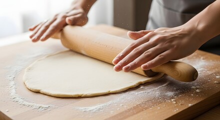 Close-up of hands rolling pastry dough on floured board, natural light from window.