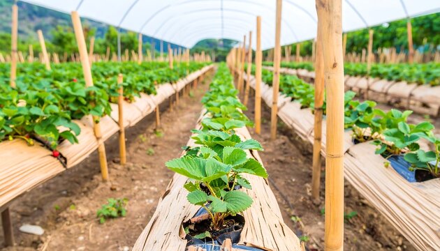Strawberry plants in a greenhouse