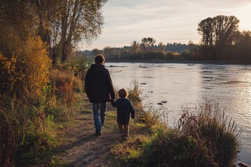 Father and child walking together along riverside path at sunset