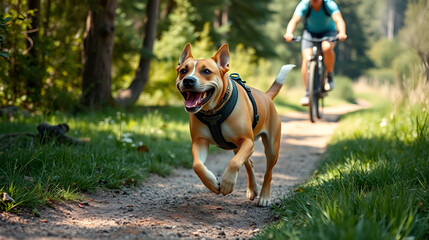 A dog is running on a trail with a person on a bike behind it. The dog is wearing a harness and he is enjoying the run. The scene is lively and energetic, with the dog