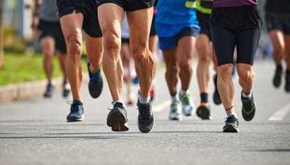 Fitness, people legs and running sport in outdoor for marathon competition with exercise, practice and workout for cardio health. Team and athlete as runner together for performance progress goal