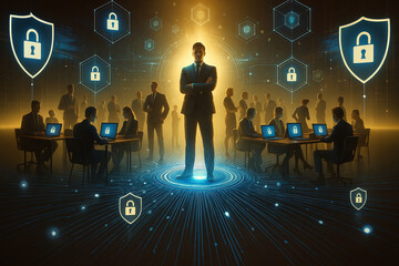 AI generated futuristic visualization of business leadership in cybersecurity with holographic shields digital locks and teamwork symbolizing trust and innovation
