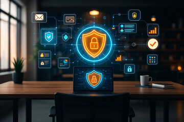AI generated digital shield hologram above office desk symbolizing data protection cybersecurity trust and secure modern workspace innovation