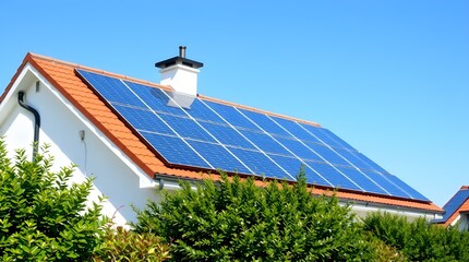 Fototapeta premium Modern house roof with solar panels offers sustainable energy and eco friendly living on a bright sunny day