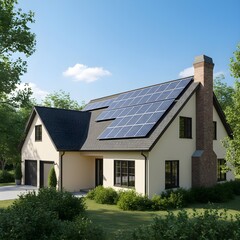 Obraz premium Beautiful family home with modern solar panels and lush landscaping under a bright blue sky on a sunny day