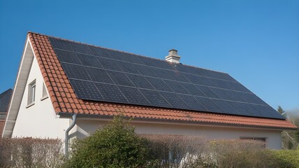 Fototapeta premium Sustainable living with solar panels on a roof under a clear blue sky showing clean energy solutions