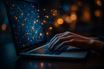 AI generated ultra realistic image of hands typing on laptop with glowing colorful particles symbolizing digital work data innovation online communication and futuristic cyber technology